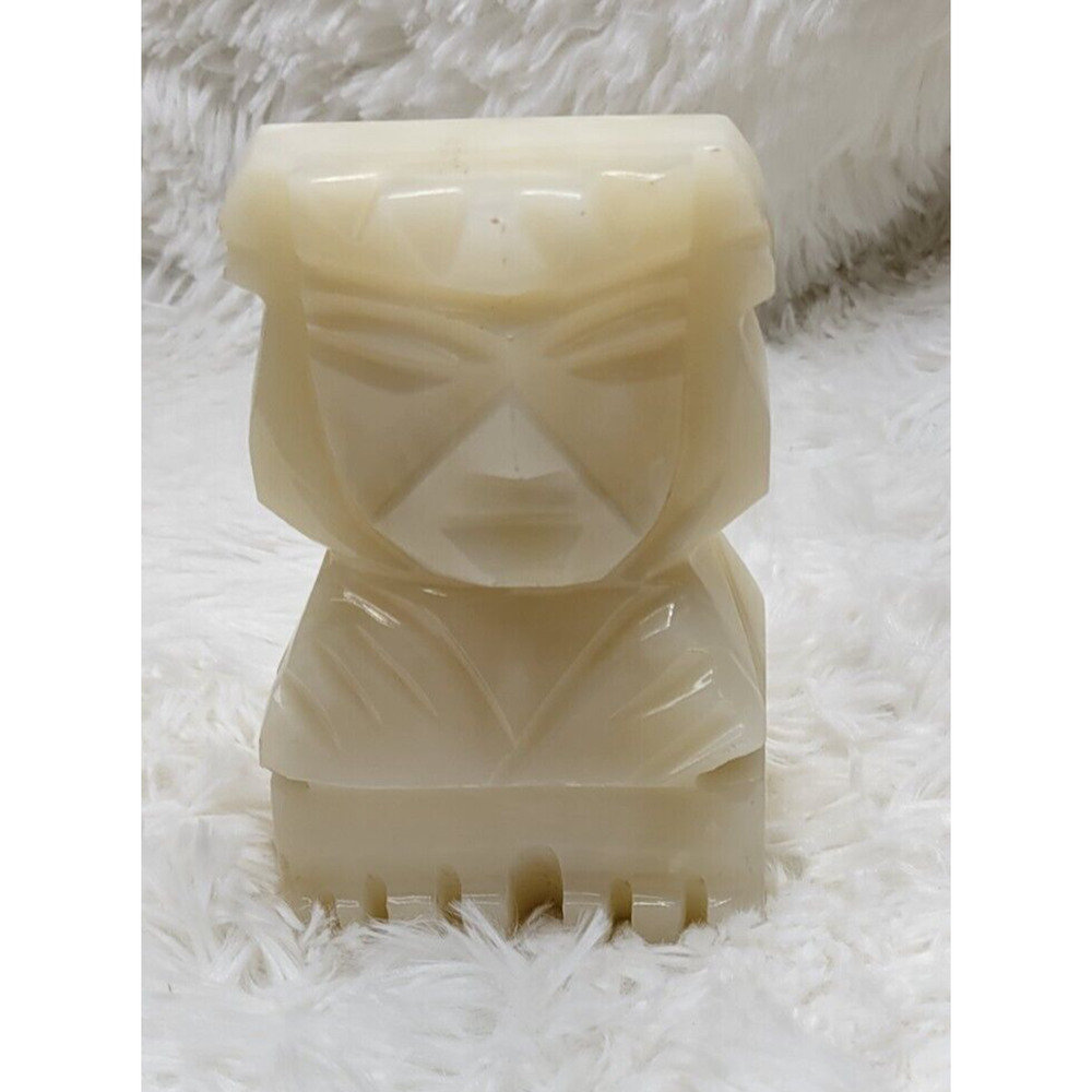 Vintage Mayan Tiki God Heavy Stone Cream Hand Carved Onyx Bookend 5.5" ONE ONLY